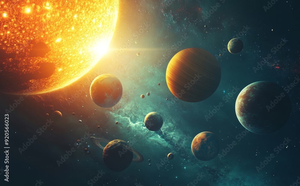 Poster a virtual representation of the solar system in 3d. high quality digital art in 5k with realistic ef