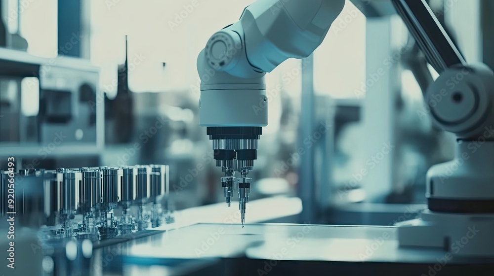 Poster close-up of a robotic arm performing a delicate task in a factory