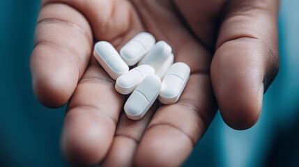 A close-up of a hand holding white medication capsules, symbolizing health and wellness in pharmaceutical care.
