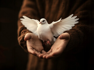 Child holding white dove bird, international day of peace or world peace day concept