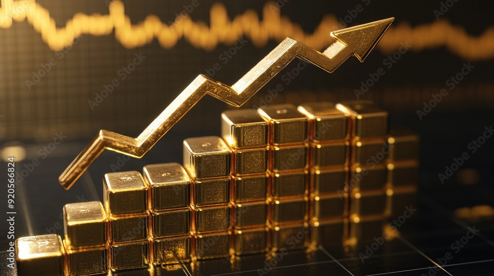 Poster gold price graph with an upward arrow and gleaming bars