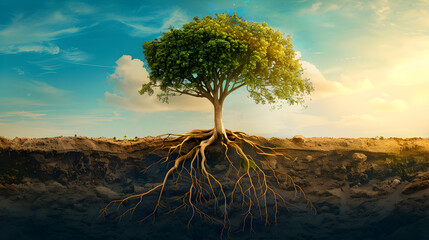 A tree with visible roots firmly planted in the ground, set against a clear blue sky