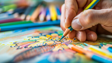 Obraz premium A close-up of an artist's hand drawing a colorful flower with pencils, showing the fine details and vibrant hues.