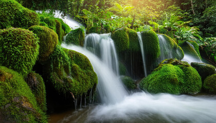 Fototapeta premium Tropical waterfall in the forest cascading over wet moss rocks with green leaves