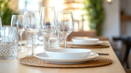 Modern dining table with a minimalist setting, featuring white plates and clear glassware