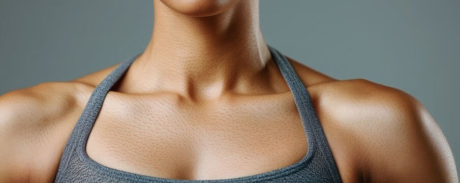 Close-up of a toned shoulder and collarbone area highlighting fitness and strength in a neutral background.