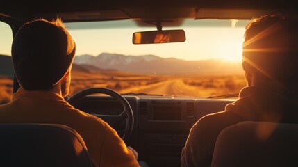 Fototapeta premium Two men are driving in a car and looking out the window at the sunset. Scene is peaceful and relaxing