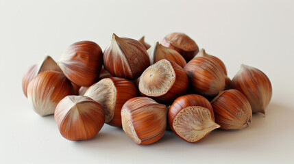 Obraz premium Pile of whole and halved hazelnuts on white background. ..