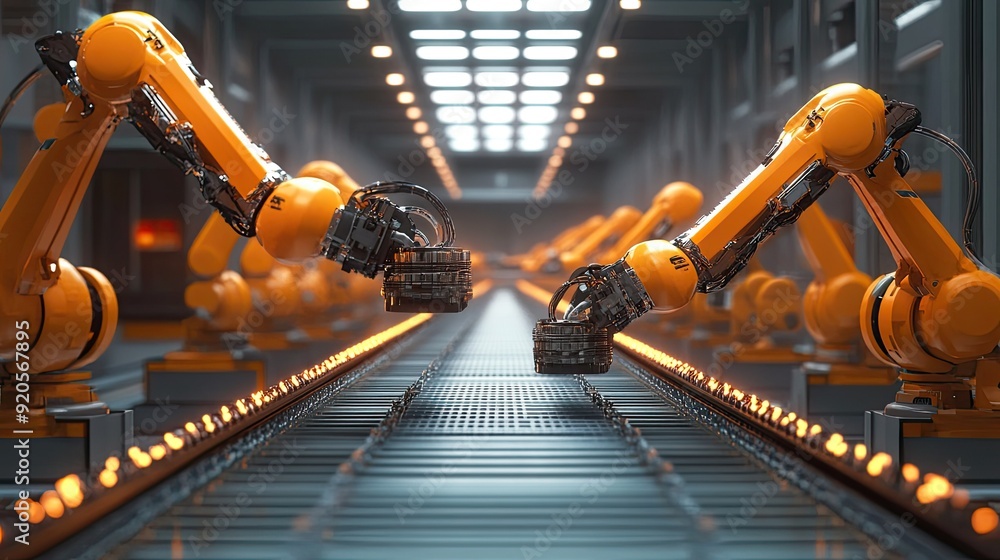 Poster robotic arms handling materials on a modern assembly line
