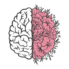 Fototapeta premium half brain half flowers hand drawn illustration