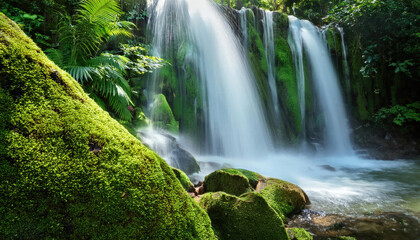 Obraz premium Tropical waterfall in the forest cascading over wet moss rocks with green leaves