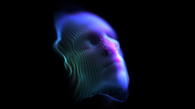 Wave motion of glowing lines on the surface of 3D digital human face. Abstract concept of big data theory, artificial intelligence (AI) and data science. 4k looped video visualizing online learning