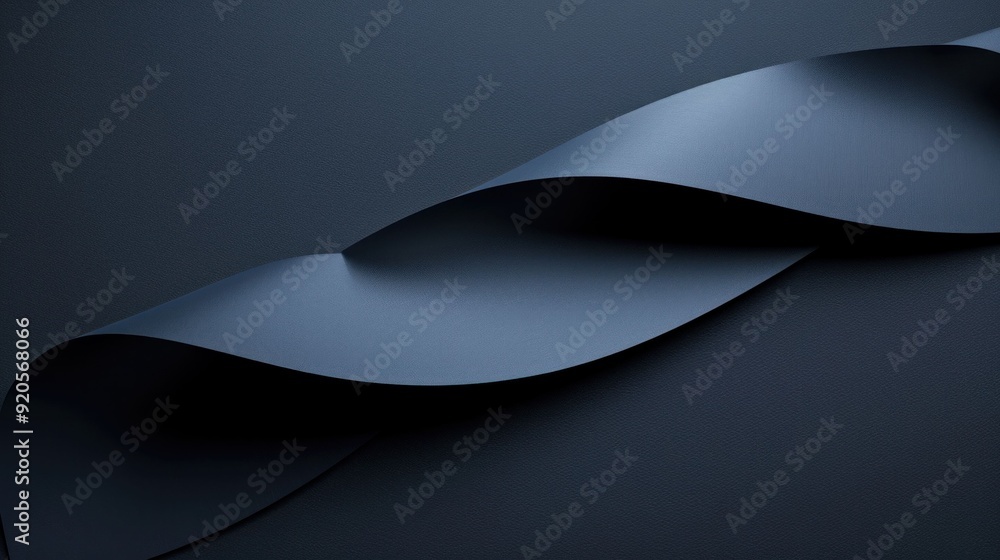 Poster abstract black paper ribbon waves on a dark background, creating a sense of depth and movement with 