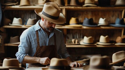 male hats maker standing at his atelier workshop, holding perfectly made hat for customers. successful adult business man employed at his own business