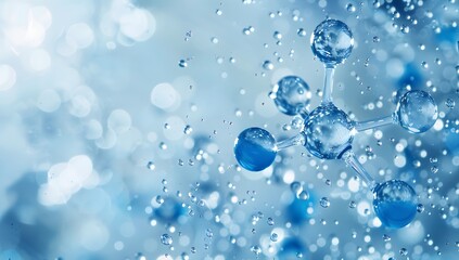Water molecules and carbon layered on the chromatic background, in the scientific style, with chemical structure details in the foreground. The composition is symmetrical and balanced