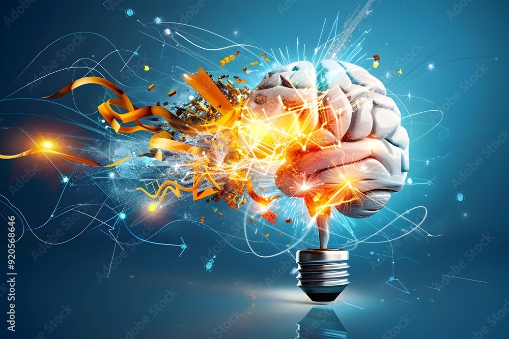 Poster brain in light bulb, exploding with ideas.