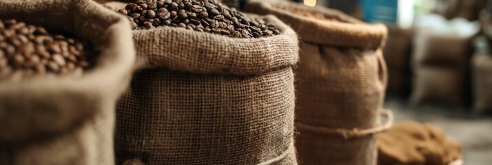 Obraz premium Large burlap sacks brimming with coffee beans in a rustic setting, illustrating the traditional storage methods and natural appeal of coffee.