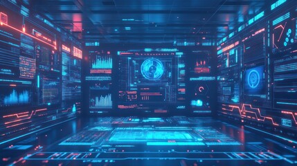 Obraz premium Futuristic Room with Holographic Interface and Digital Data