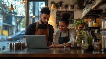 Two Baristas Working on a Laptop in a Cafe