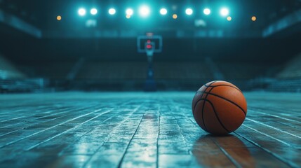 Basketball on the Court Under Stadium Lights