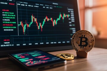 Bitcoin Market Analysis Displayed on Screen and Mobile