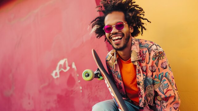 A man with dreadlocks, sunglasses, and a colorful shirt laughs while holding a skateboard in front of a pink and yellow wall.