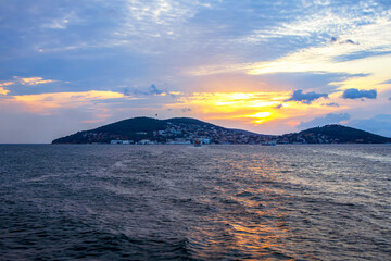 sunset over the adalar, prince islands and sea, istanbul