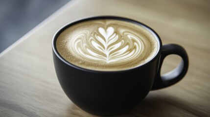Latte Art in Black Mug on Wooden Table