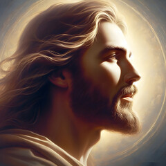 A detailed and realistic image of the face of Jesus, capturing a profound sense of compassion, wisdom, and serenity. The expression on Jesus' face reflects deep empathy and a calm presence