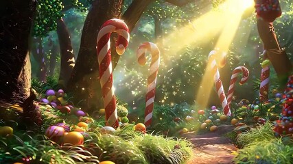 Fantasy forest filled with candy canes. - Powered by Adobe