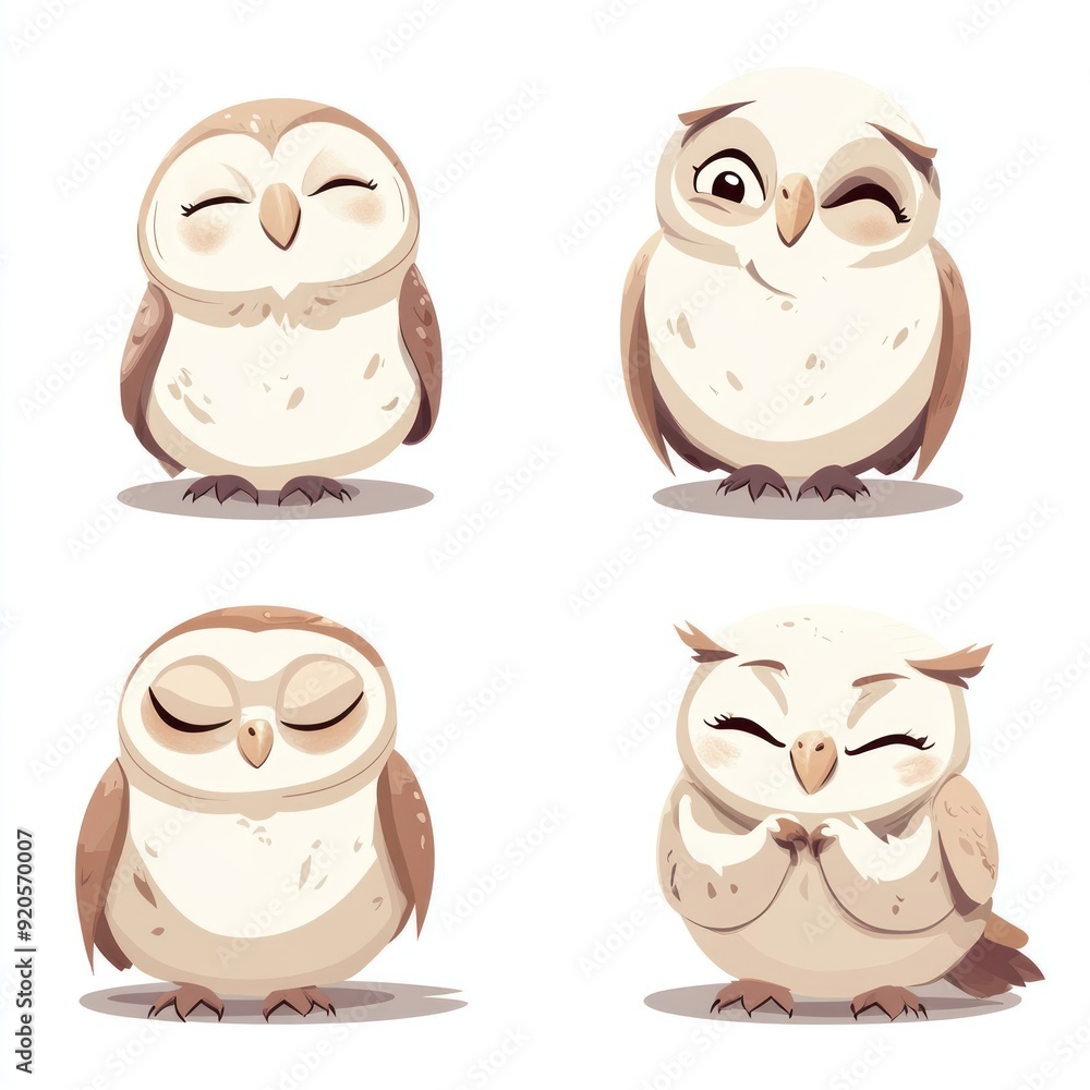 Sticker Four cute cartoon owls with different expressions.