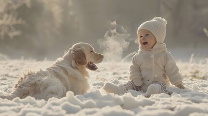 In a snowy park, a baby in half white warm attire sits on a fluffy blanket spread over the snow. Nearby a friendly dog.The baby giggles, reaching out to touch the dog's fluffy fur.