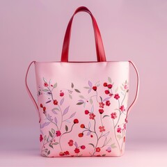 A stylish tote bag with floral patterns and leather handles.