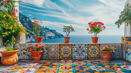 Italian coast landscape, Amalfi beach and colorful ethnic ceramic tiles. Summer, sea life. 300 DPI