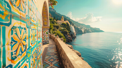 Italian coast landscape, Amalfi beach and colorful ethnic ceramic tiles. Summer, sea life. 300 DPI