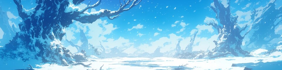Enchanting Anime-Style Winter Wonderland: Magical Snowy Landscape with Bare Trees. Dreamy Animated Scene in Vibrant Manga Aesthetic. Perfect for Seasonal Greetings, Book Illustrations, and Creative Ma