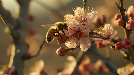 A magnified view of a diligent bee sipping nectar from an apricot tree in bloom