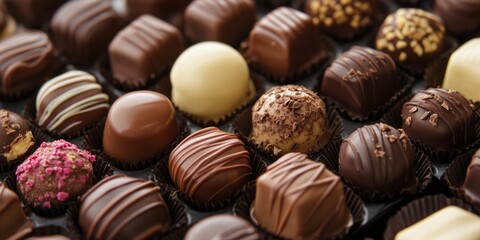  elegantly arranged on a neutral background, showcasing a variety of shapes and textures. The high-quality chocolate pieces are perfect for promoti