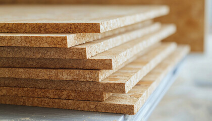 Stack of oriented strand board panels lying on top of each other