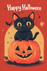 illustration of a cute black cat sitting on top of cute jack-o-lantern pumpkin, Happy Halloween poster