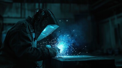 Wired worker welding with blue sparks in dark factory