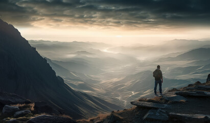 Fototapeta premium Man standing on a cliff and admiring breathtaking mountain landscape. Beautiful sunset, sunrise scenery with cinematic light.