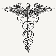 Caduceus medical symbol hand drawn vector on white background