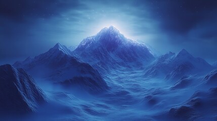 Winter mountains bathed in moonlight, snow-capped peaks shimmering under the celestial glow.