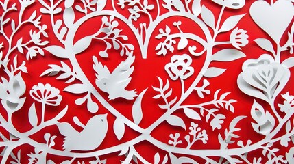 Elegant Red Paper Cuttings Adorn Romantic Love Greeting Card Background, Traditional Craftsmanship Meets Modern Sentiment