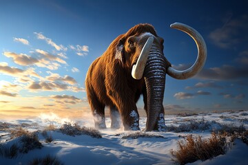 A detailed image of a mammoth grazing on sparse vegetation in a snow-covered field, with its massive size emphasized against the landscape