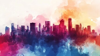 Fototapeta premium A vibrant abstract cityscape in warm orange, red, and yellow hues, with a dynamic blend of colors creating a dreamy, atmospheric effect. The skyline appears through a misty, artistic filter. Horizonta