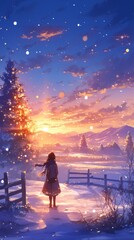 Fototapeta premium Enchanting Anime Winter Wonderland: Dreamy Twilight Snow Scene with Vibrant Sunset Hues. Magical Animated Landscape for Seasonal Greetings, Book Illustrations, and Creative Marketing. AI-Generated 4K 