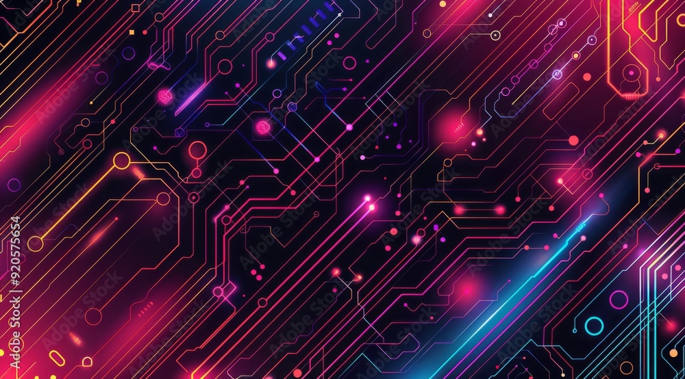 Poster a vibrant and colorful abstract background showcasing intricate neon circuit patterns along with glo