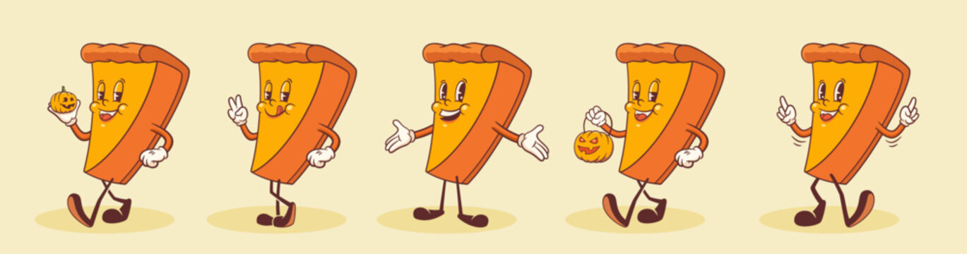 Halloween Groovy Pumpkin Spice Pie Retro Characters Set. Cartoon Sweets Cake Pudding Walking with Jack O Lantern. Vector Autumn Holiday Mascot Template. Happy Vintage Cool Illustration Isolated